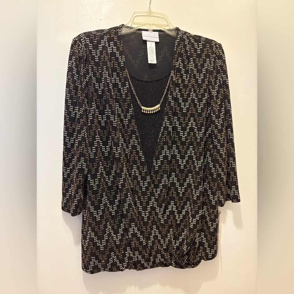 Alfred Dunner Black and White Zigzag Gold  Cardigan